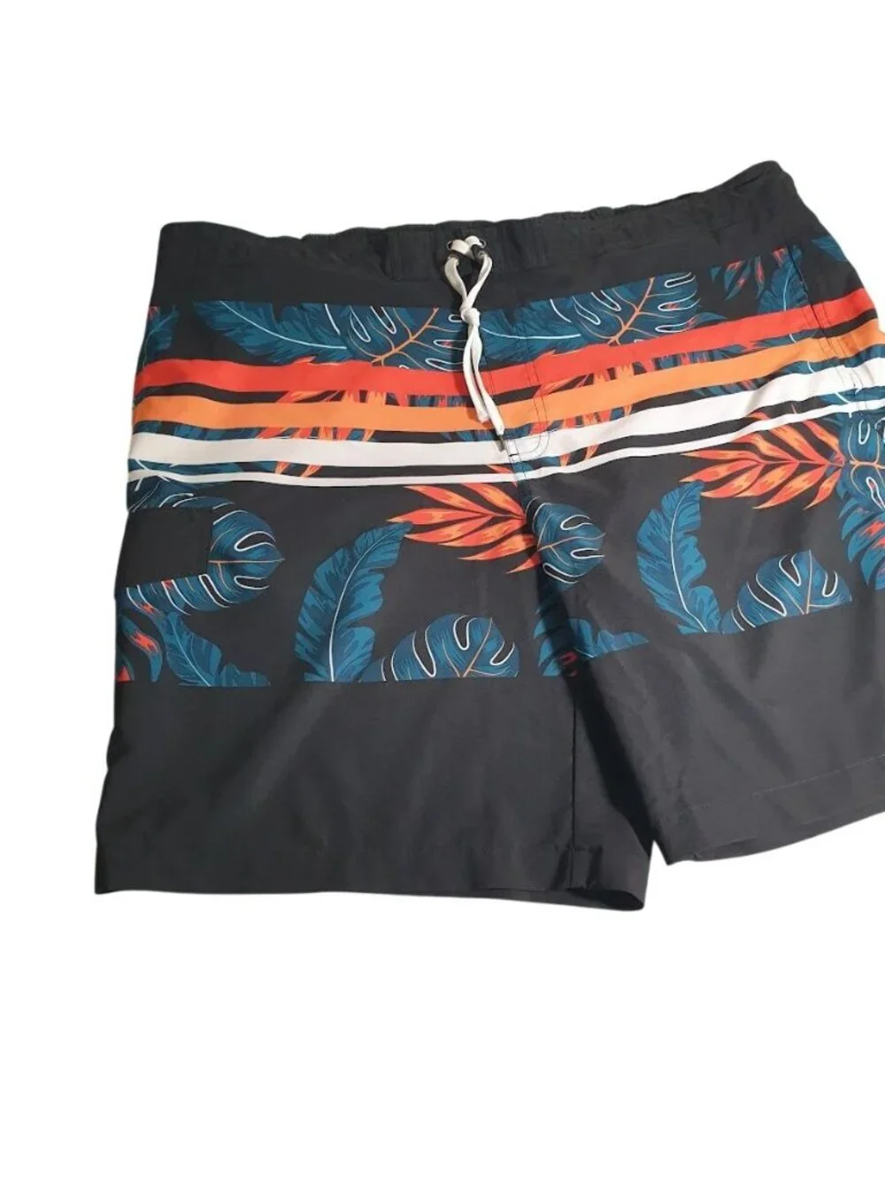 Sonoma Mens Swim Shorts Black Tropical Print Drawstring 46 Waist Lined Vacation